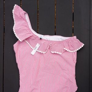 J Crew One Shoulder Swimsuit Seersucker Red Stripes, Size 16, NWT